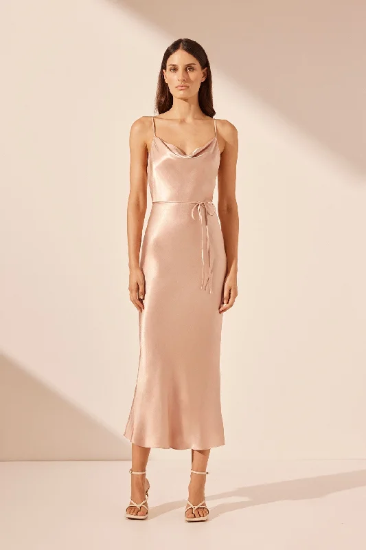 Little Black Women Dress with Sequins for a Glamorous Night OutLA LUNE BIAS COWL MIDI DRESS - DESERT ROSE Little Black Women Dress with Sequins for a Glamorous Night OutLA LUNE BIAS COWL MIDI DRESS - DESERT ROSE
