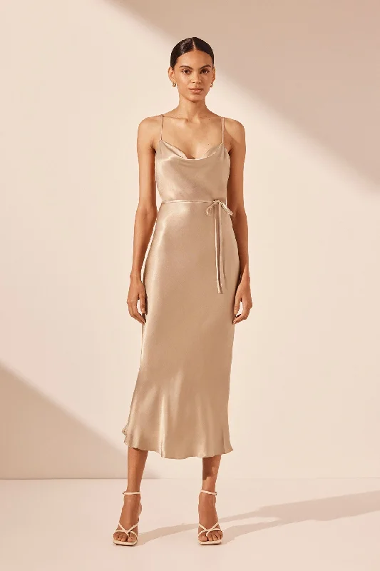 Ruffled Women Dress with Multiple Layers for a Playful and Girly StyleLA LUNE BIAS COWL MIDI DRESS - GOLD Ruffled Women Dress with Multiple Layers for a Playful and Girly StyleLA LUNE BIAS COWL MIDI DRESS - GOLD