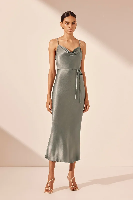 Plus Size Women Dress with a Flattering A - Line Cut for Comfort and StyleLA LUNE BIAS COWL MIDI DRESS - SAGE Plus Size Women Dress with a Flattering A - Line Cut for Comfort and StyleLA LUNE BIAS COWL MIDI DRESS - SAGE