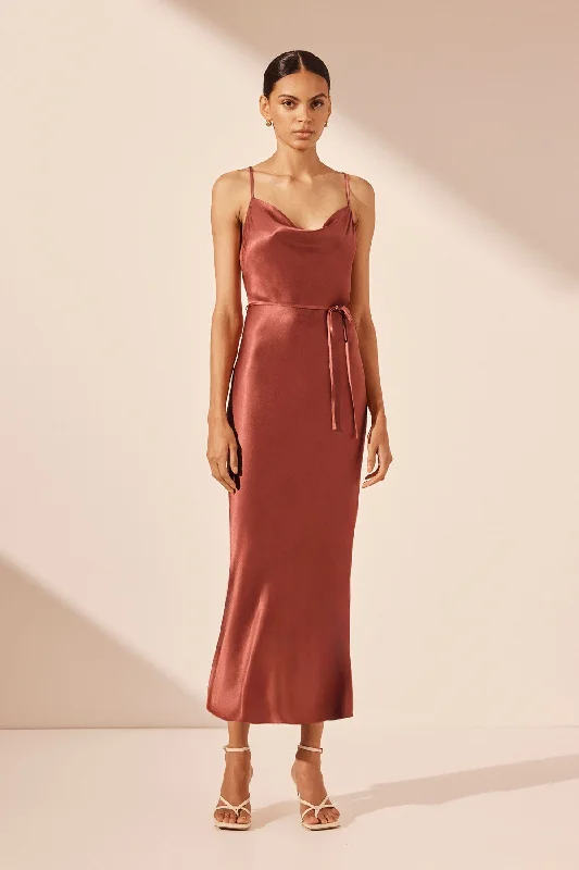 Halter Neck Women Dress to Show Off the Shoulders and NecklineLA LUNE BIAS COWL MIDI DRESS - TERRACOTTA Halter Neck Women Dress to Show Off the Shoulders and NecklineLA LUNE BIAS COWL MIDI DRESS - TERRACOTTA