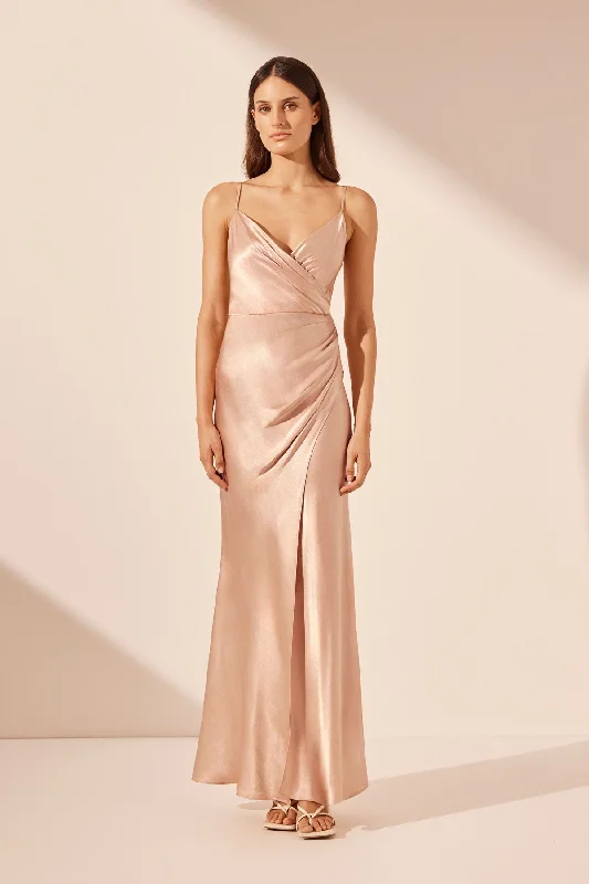 Empire Waist Women Dress to Accentuate the Bust and Conceal the WaistLA LUNE CROSS DRAPED MAXI DRESS - DESERT ROSE Empire Waist Women Dress to Accentuate the Bust and Conceal the WaistLA LUNE CROSS DRAPED MAXI DRESS - DESERT ROSE