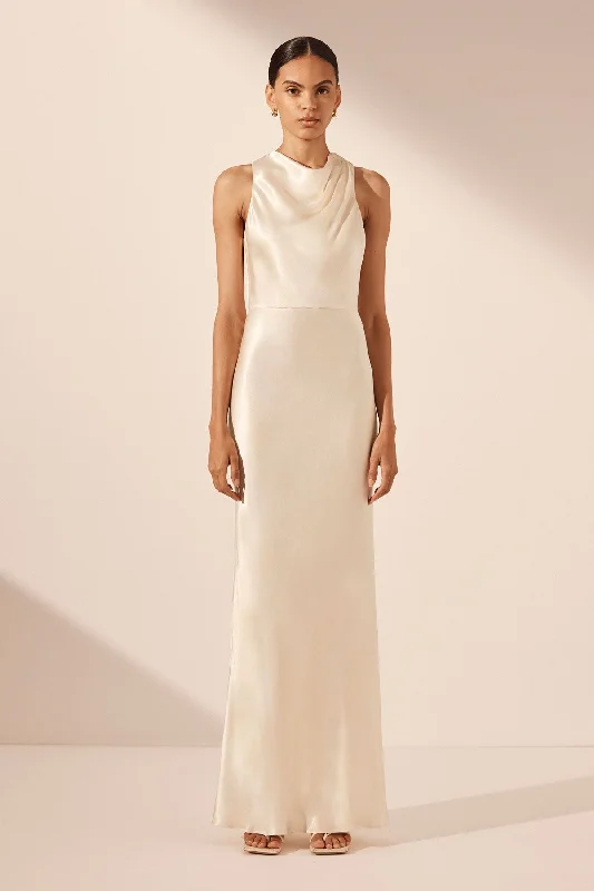 Wrap - Style Women Dress with Adjustable Fit for All Body TypesLA LUNE HIGH NECK MAXI DRESS - CREAM Wrap - Style Women Dress with Adjustable Fit for All Body TypesLA LUNE HIGH NECK MAXI DRESS - CREAM