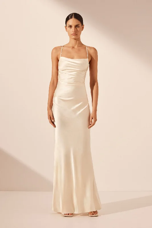 Off - the - Shoulder Women Dress for a Romantic and Feminine LookLA LUNE LACE BACK MAXI DRESS - CREAM Off - the - Shoulder Women Dress for a Romantic and Feminine LookLA LUNE LACE BACK MAXI DRESS - CREAM