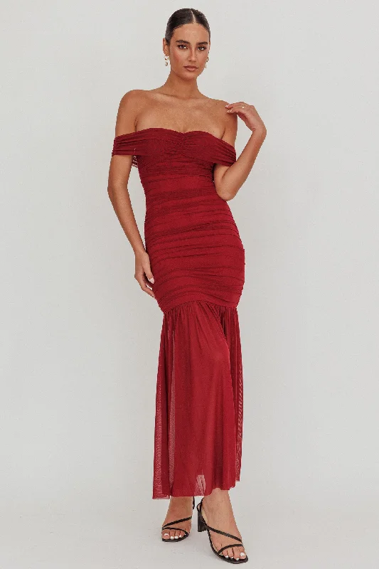 Wrap - Style Women Dress with Adjustable Fit for All Body TypesLa Salle Off Shoulder Mesh Maxi Dress Wine Wrap - Style Women Dress with Adjustable Fit for All Body TypesLa Salle Off Shoulder Mesh Maxi Dress Wine