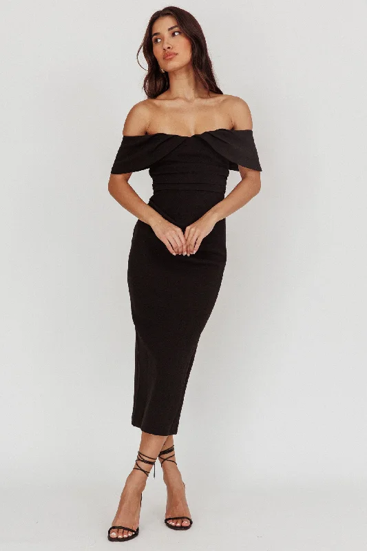 Shift Women Dress with a Simple and Classic Design for Everyday WearLillianne Off-Shoulder Midi Dress Black Shift Women Dress with a Simple and Classic Design for Everyday WearLillianne Off-Shoulder Midi Dress Black