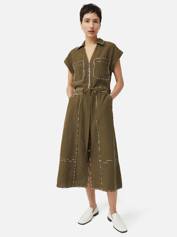 Linen Lyocell Stitched Dress | Dark Khaki