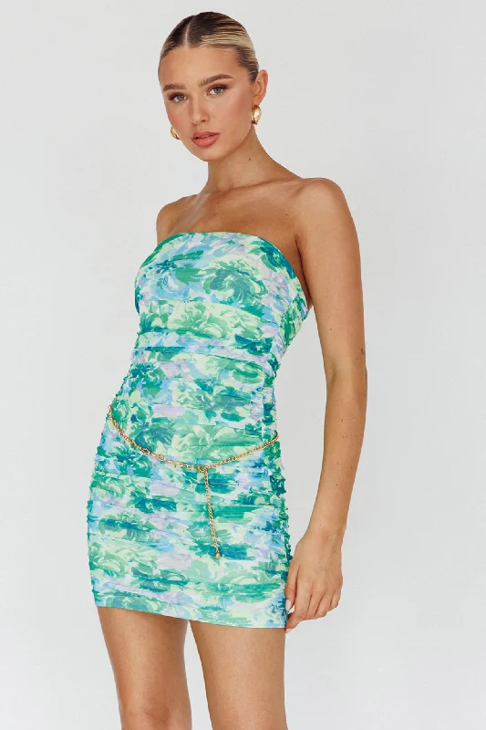 Pleated Women Dress with a Timeless and Elegant TextureLogan Strapless Ruched Dress Floral Green Pleated Women Dress with a Timeless and Elegant TextureLogan Strapless Ruched Dress Floral Green