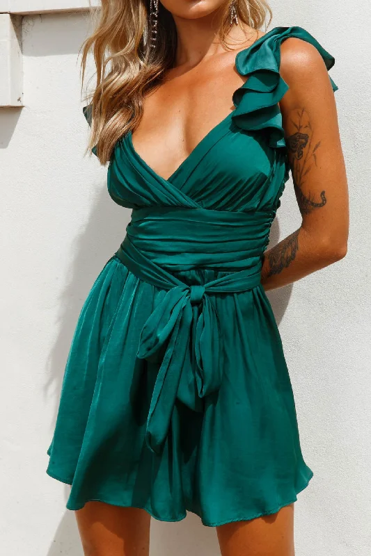 Mermaid - Style Women Dress with a Fitted Silhouette for Special OccasionsLola Ruffle Shoulder Ruched Dress Forest Green Mermaid - Style Women Dress with a Fitted Silhouette for Special OccasionsLola Ruffle Shoulder Ruched Dress Forest Green