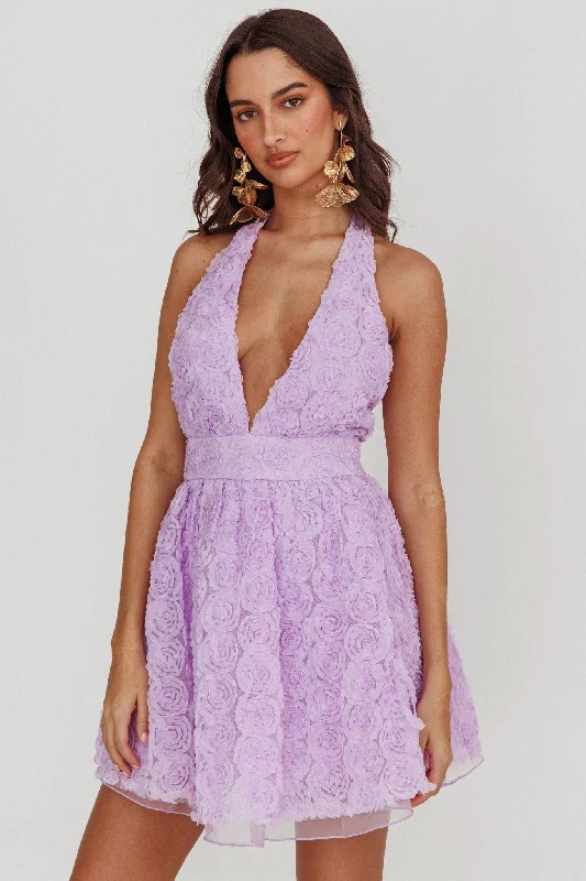 Halter Neck Women Dress to Show Off the Shoulders and NecklineLovelle Halter Neck Rosette Mini Dress Lavender Halter Neck Women Dress to Show Off the Shoulders and NecklineLovelle Halter Neck Rosette Mini Dress Lavender