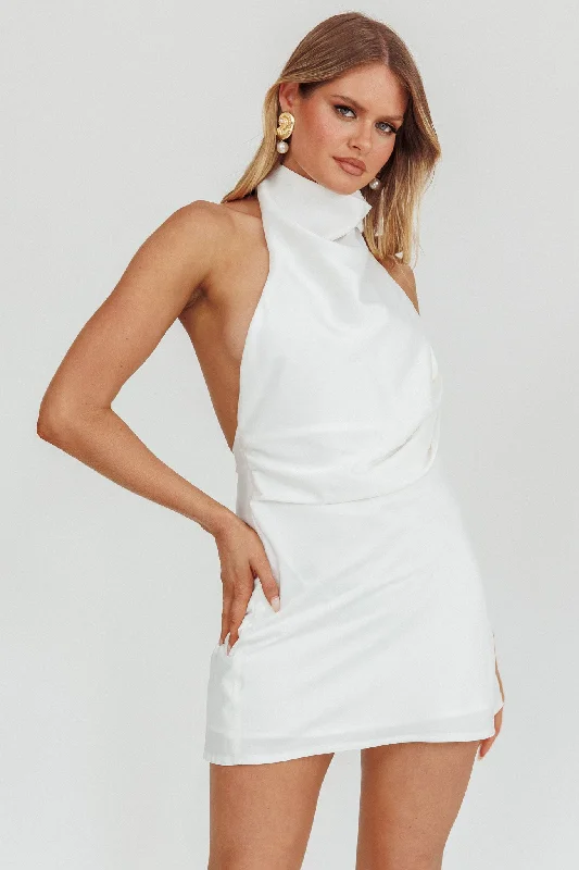 Plus Size Women Dress with a Flattering A - Line Cut for Comfort and StyleLyons High Halter Neck Mini Dress White Plus Size Women Dress with a Flattering A - Line Cut for Comfort and StyleLyons High Halter Neck Mini Dress White