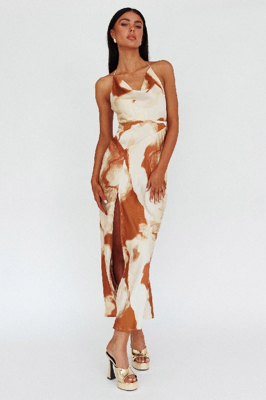 Halter Neck Women Dress to Show Off the Shoulders and NecklineMarcello Cowl Halterneck Midi Dress Marble Brown Halter Neck Women Dress to Show Off the Shoulders and NecklineMarcello Cowl Halterneck Midi Dress Marble Brown
