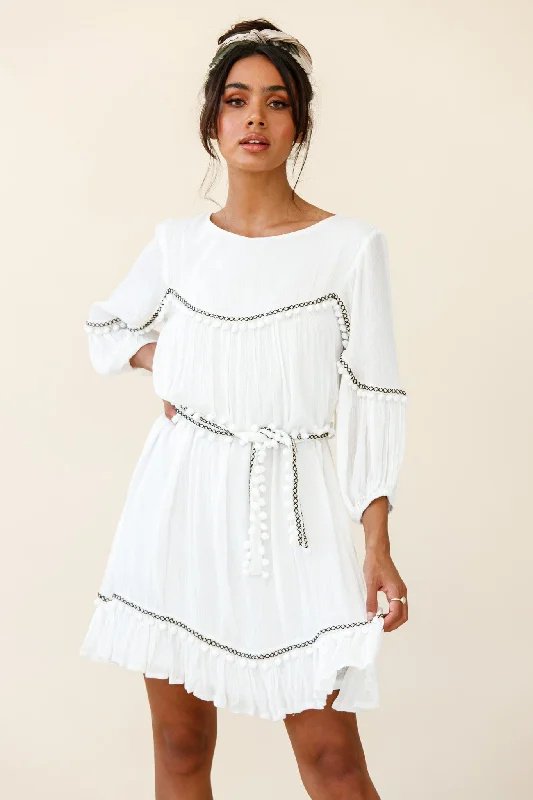Printed Abstract Women Dress for a Modern and Artistic AppealMarionette Three-Quarter Sleeve Pom-Pom Dress White Printed Abstract Women Dress for a Modern and Artistic AppealMarionette Three-Quarter Sleeve Pom-Pom Dress White