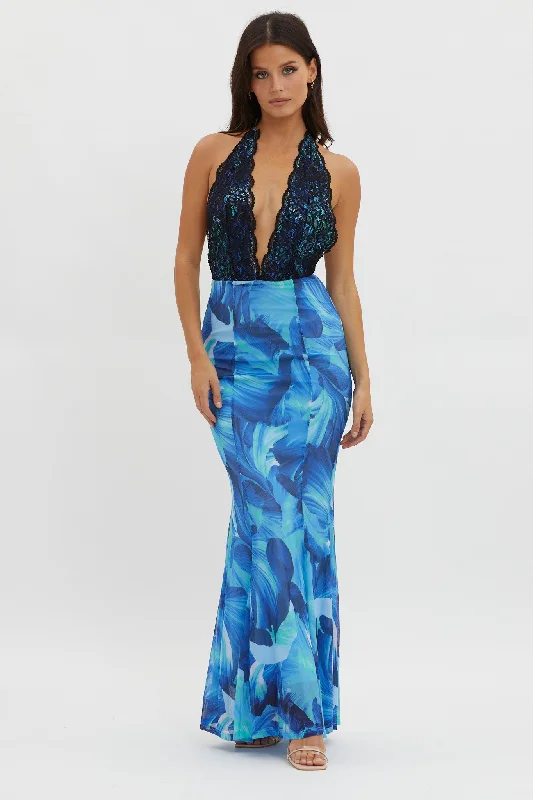 Maxi Women Dress with Floral Print for a Bohemian VibeMayah Lace Halterneck Maxi Dress Abstract Blue Maxi Women Dress with Floral Print for a Bohemian VibeMayah Lace Halterneck Maxi Dress Abstract Blue