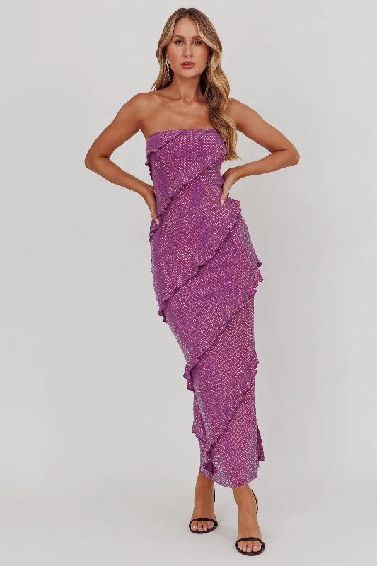 Ruffled Women Dress with Multiple Layers for a Playful and Girly StyleMetrics Strapless Frill Maxi Dress Purple Ruffled Women Dress with Multiple Layers for a Playful and Girly StyleMetrics Strapless Frill Maxi Dress Purple