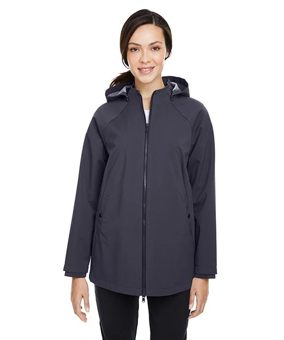 Women's hoodie with a kangaroo pocket and a pom - pom drawstring for added charmNE718W - North End Ladies City Hybrid Shell | Carbon Women's hoodie with a kangaroo pocket and a pom - pom drawstring for added charmNE718W - North End Ladies City Hybrid Shell | Carbon