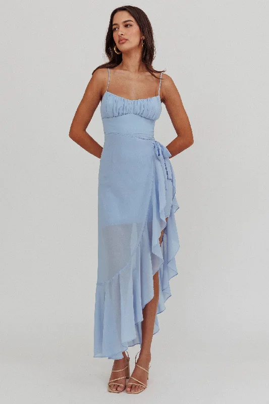 Ball Gown Women Dress with a Full Skirt for a Princess - like LookNerida Waist Tie Asymmetric Dress Steel Blue Ball Gown Women Dress with a Full Skirt for a Princess - like LookNerida Waist Tie Asymmetric Dress Steel Blue