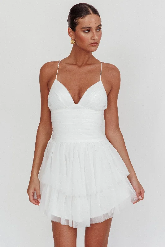 Wrap - Style Women Dress with Adjustable Fit for All Body TypesNightingale Ruched Mesh Mini Dress White Wrap - Style Women Dress with Adjustable Fit for All Body TypesNightingale Ruched Mesh Mini Dress White