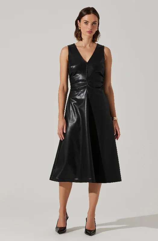 Plus Size Women Dress with a Flattering A - Line Cut for Comfort and StyleOmaira Faux Leather Midi Dress Plus Size Women Dress with a Flattering A - Line Cut for Comfort and StyleOmaira Faux Leather Midi Dress