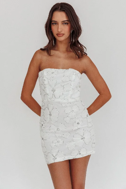 Ruffled Women Dress with Multiple Layers for a Playful and Girly StylePaulinna Strapless Tied Back Mini Dress Embellished White Ruffled Women Dress with Multiple Layers for a Playful and Girly StylePaulinna Strapless Tied Back Mini Dress Embellished White