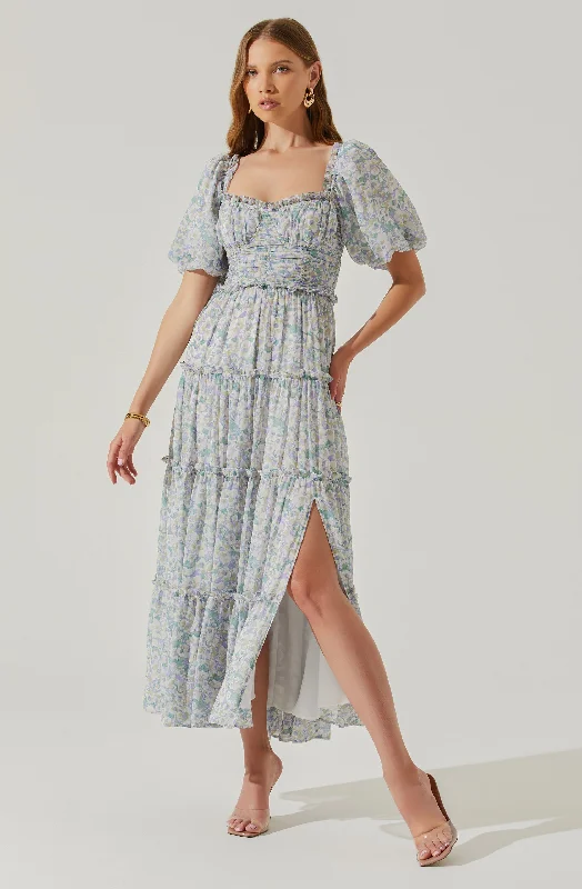 Empire Waist Women Dress to Accentuate the Bust and Conceal the WaistPrina Floral Puff Sleeve Tiered Midi Dress Empire Waist Women Dress to Accentuate the Bust and Conceal the WaistPrina Floral Puff Sleeve Tiered Midi Dress
