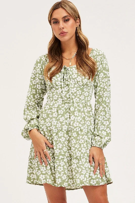 Print Mini Dress Long Sleeve Square Neck