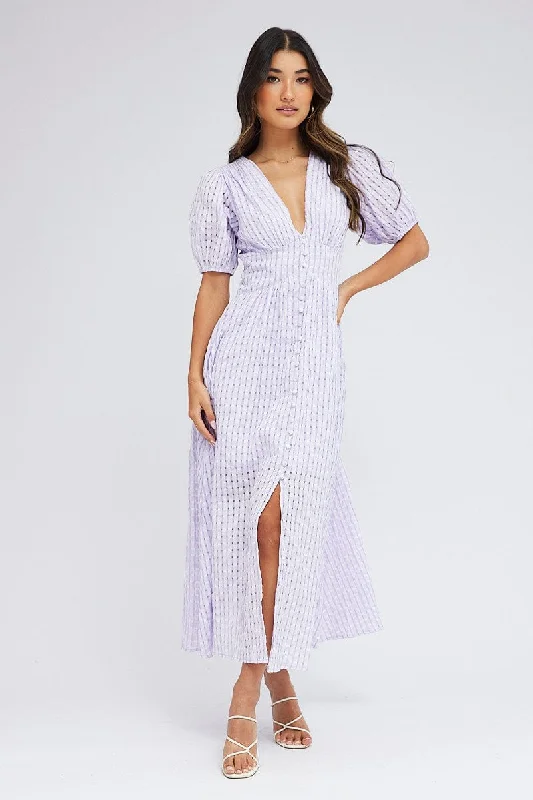 Purple Check Midi Dress Puff Sleeve