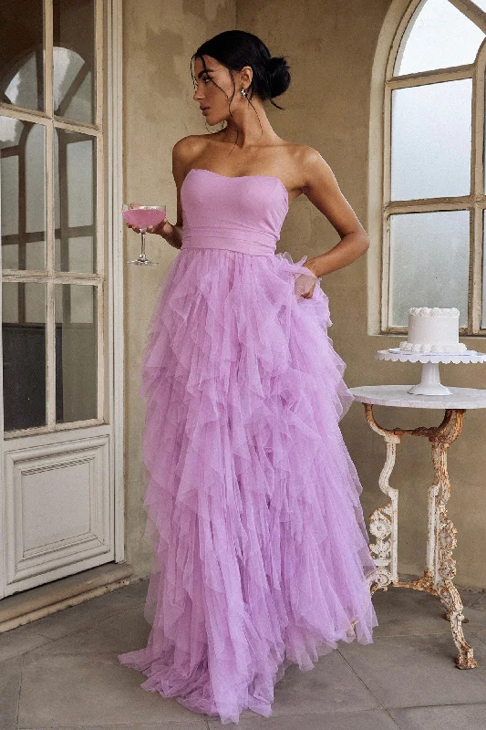 Strapless Women Dress with a Built - in Bra for Comfort and SupportRori Tulle Cascade Maxi Dress Orchid Strapless Women Dress with a Built - in Bra for Comfort and SupportRori Tulle Cascade Maxi Dress Orchid