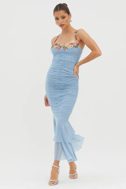 Off - the - Shoulder Women Dress for a Romantic and Feminine LookRose Garden Ruched Mesh Midi Dress Blue Off - the - Shoulder Women Dress for a Romantic and Feminine LookRose Garden Ruched Mesh Midi Dress Blue