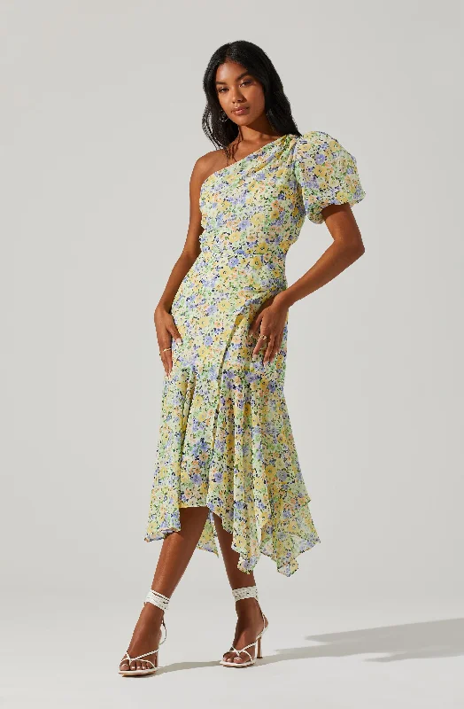 Maxi Women Dress with Floral Print for a Bohemian VibeSantorini Floral One Shoulder Midi Dress Maxi Women Dress with Floral Print for a Bohemian VibeSantorini Floral One Shoulder Midi Dress