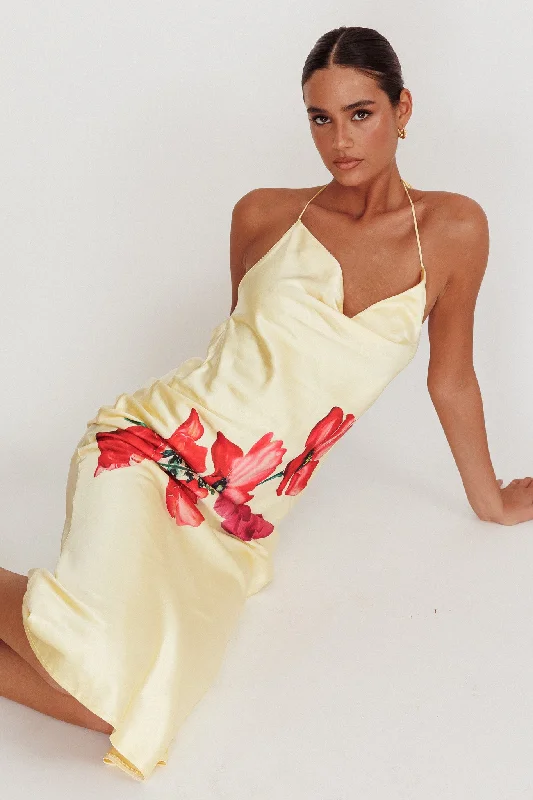 Pleated Women Dress with a Timeless and Elegant TextureSeren Backless Cowl Neck Midi Dress Yellow Pleated Women Dress with a Timeless and Elegant TextureSeren Backless Cowl Neck Midi Dress Yellow
