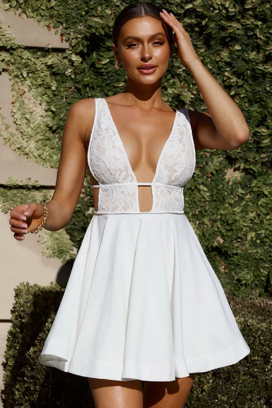 Mini Women Dress with a Short Hem for a Young and Trendy StyleShailene Lace Bodice A-Line Dress White Mini Women Dress with a Short Hem for a Young and Trendy StyleShailene Lace Bodice A-Line Dress White