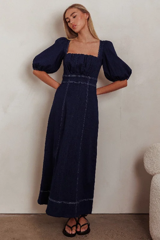 Wrap - Style Women Dress with Adjustable Fit for All Body TypesSibille Puff Sleeve Maxi Dress Denim Indigo Wrap - Style Women Dress with Adjustable Fit for All Body TypesSibille Puff Sleeve Maxi Dress Denim Indigo
