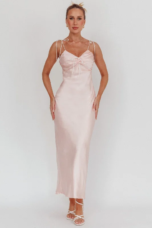 Pleated Women Dress with a Timeless and Elegant TextureSlow Burn Tied Shoulders Satin Maxi Dress Pink Pleated Women Dress with a Timeless and Elegant TextureSlow Burn Tied Shoulders Satin Maxi Dress Pink