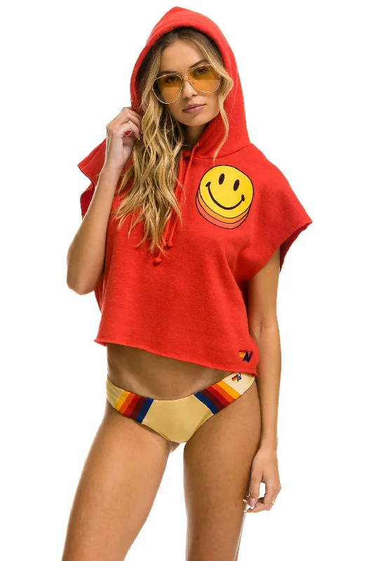 SMILEY SUNSET SLEEVELESS RELAXED CROPPED PULLOVER HOODIE - RED