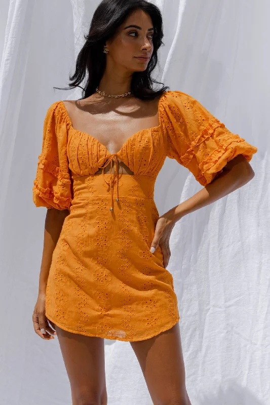 Backless Women Dress for a Sexy and Alluring Look at Evening EventsSweet Romance Puff Sleeve Eyelet Mini Dress Sunset Backless Women Dress for a Sexy and Alluring Look at Evening EventsSweet Romance Puff Sleeve Eyelet Mini Dress Sunset