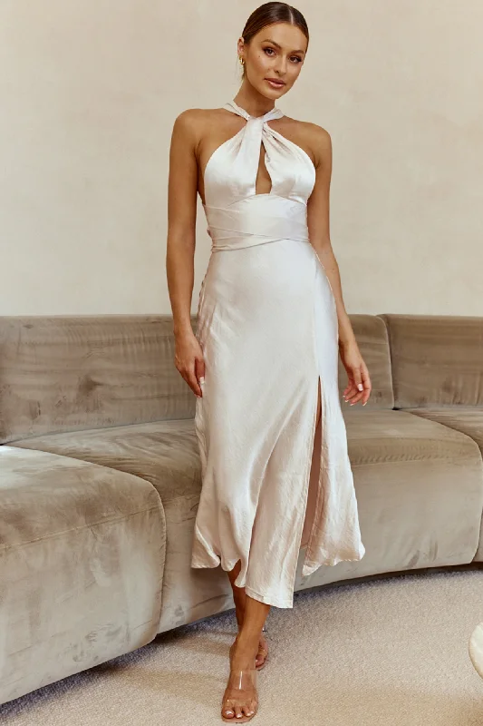 Strapless Women Dress with a Built - in Bra for Comfort and SupportTe Amo Halterneck Open Back Midi Dress Champagne Strapless Women Dress with a Built - in Bra for Comfort and SupportTe Amo Halterneck Open Back Midi Dress Champagne