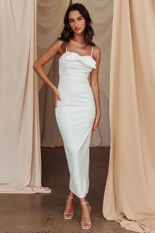 Wrap - Style Women Dress with Adjustable Fit for All Body TypesThis Magic Moment Bow Bust Midi Dress White Wrap - Style Women Dress with Adjustable Fit for All Body TypesThis Magic Moment Bow Bust Midi Dress White