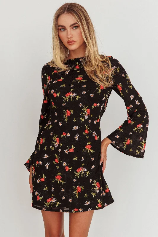 Printed Abstract Women Dress for a Modern and Artistic AppealThriller Long Sleeve Backless Mini Dress Floral Black Printed Abstract Women Dress for a Modern and Artistic AppealThriller Long Sleeve Backless Mini Dress Floral Black