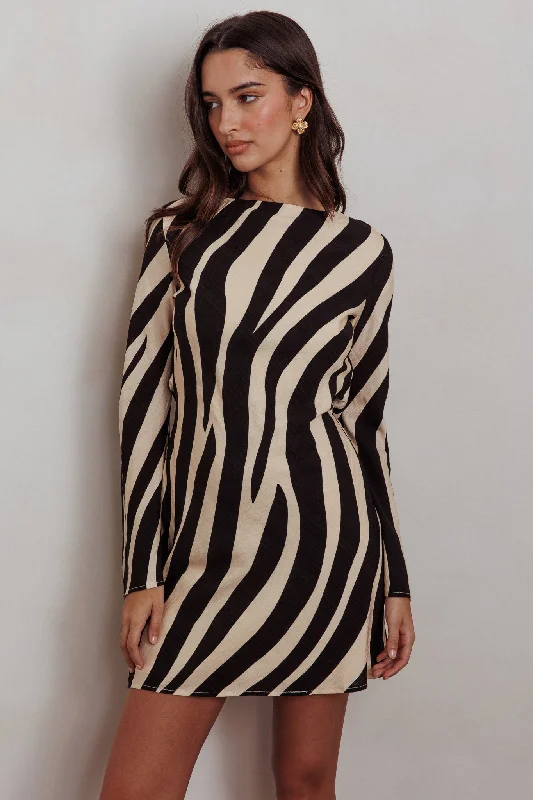 Printed Abstract Women Dress for a Modern and Artistic AppealThriller Long Sleeve Backless Mini Dress Zebra Printed Abstract Women Dress for a Modern and Artistic AppealThriller Long Sleeve Backless Mini Dress Zebra