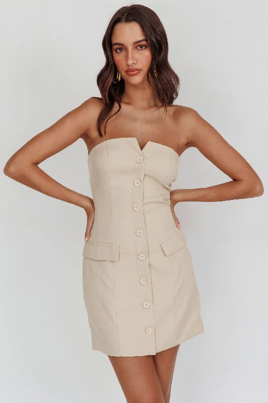 Printed Abstract Women Dress for a Modern and Artistic AppealTitania Strapless Buttoned Mini Dress Light Taupe Printed Abstract Women Dress for a Modern and Artistic AppealTitania Strapless Buttoned Mini Dress Light Taupe