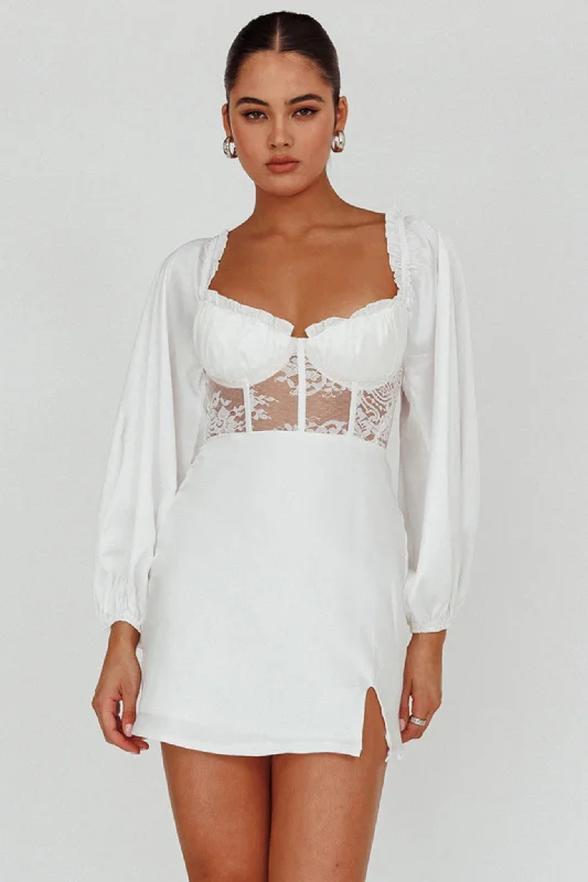 Sleeveless Women Dress in Bright Colors for Summer PartiesTrophy Long Sleeve Lace Bodice Mini Dress White Sleeveless Women Dress in Bright Colors for Summer PartiesTrophy Long Sleeve Lace Bodice Mini Dress White