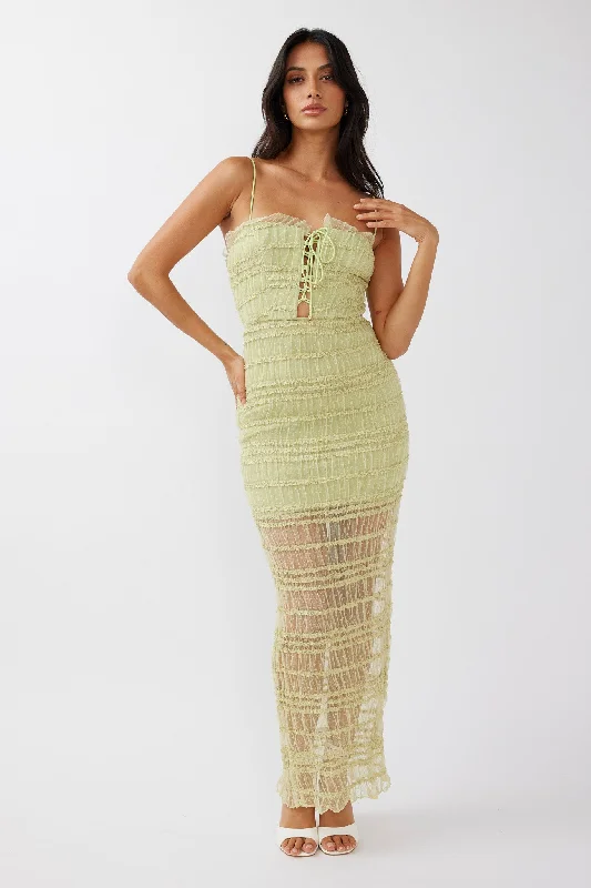 Sleeveless Women Dress in Bright Colors for Summer PartiesWander & Roam Frill Trim Lace Dress Matcha Sleeveless Women Dress in Bright Colors for Summer PartiesWander & Roam Frill Trim Lace Dress Matcha