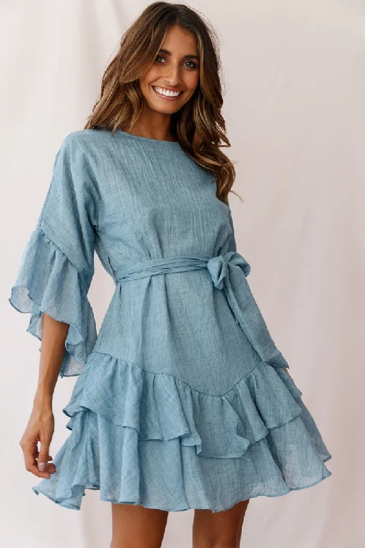 Plus Size Women Dress with a Flattering A - Line Cut for Comfort and StyleWilshire Tiered Ruffle Hem Dress Denim Blue Plus Size Women Dress with a Flattering A - Line Cut for Comfort and StyleWilshire Tiered Ruffle Hem Dress Denim Blue