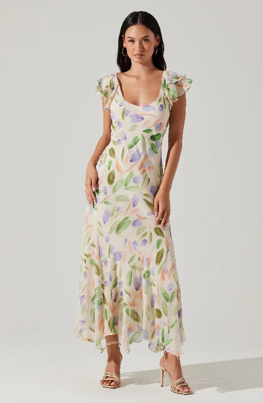 Printed Abstract Women Dress for a Modern and Artistic AppealWisteria Flutter Sleeve Maxi Dress Printed Abstract Women Dress for a Modern and Artistic AppealWisteria Flutter Sleeve Maxi Dress
