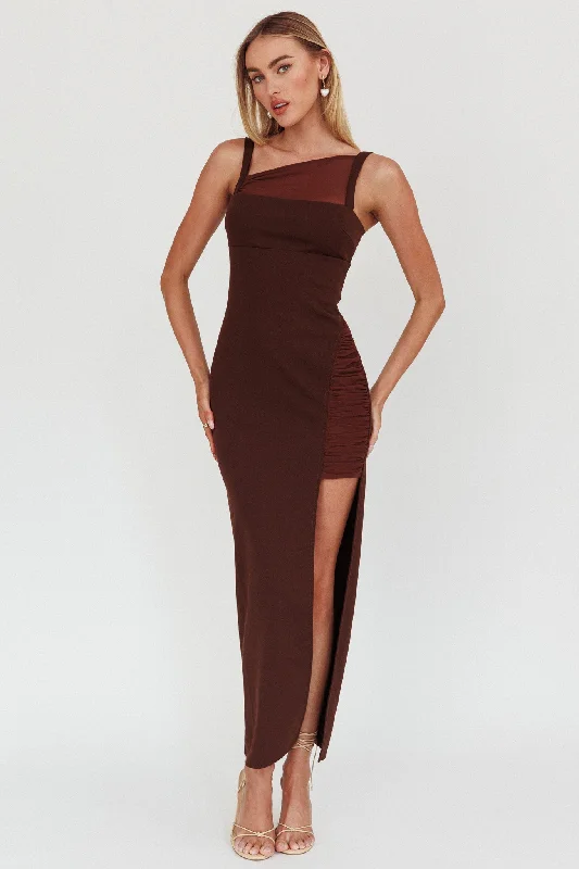 Maxi Women Dress with Floral Print for a Bohemian VibeZenya Split Ruched Maxi Dress Chocolate Maxi Women Dress with Floral Print for a Bohemian VibeZenya Split Ruched Maxi Dress Chocolate