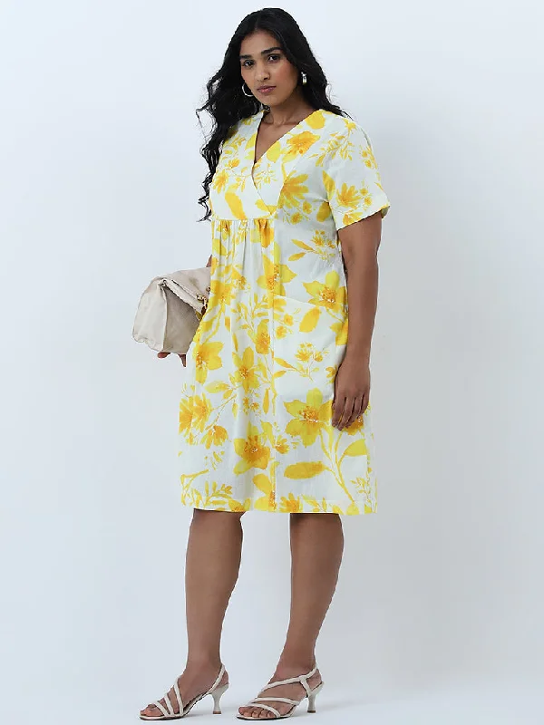 Wrap - Style Women Dress with Adjustable Fit for All Body Types Wrap - Style Women Dress with Adjustable Fit for All Body Types Gia Yellow Floral Printed Straight Cotton Blend Dress Wrap - Style Women Dress with Adjustable Fit for All Body Types Wrap - Style Women Dress with Adjustable Fit for All Body Types Gia Yellow Floral Printed Straight Cotton Blend Dress