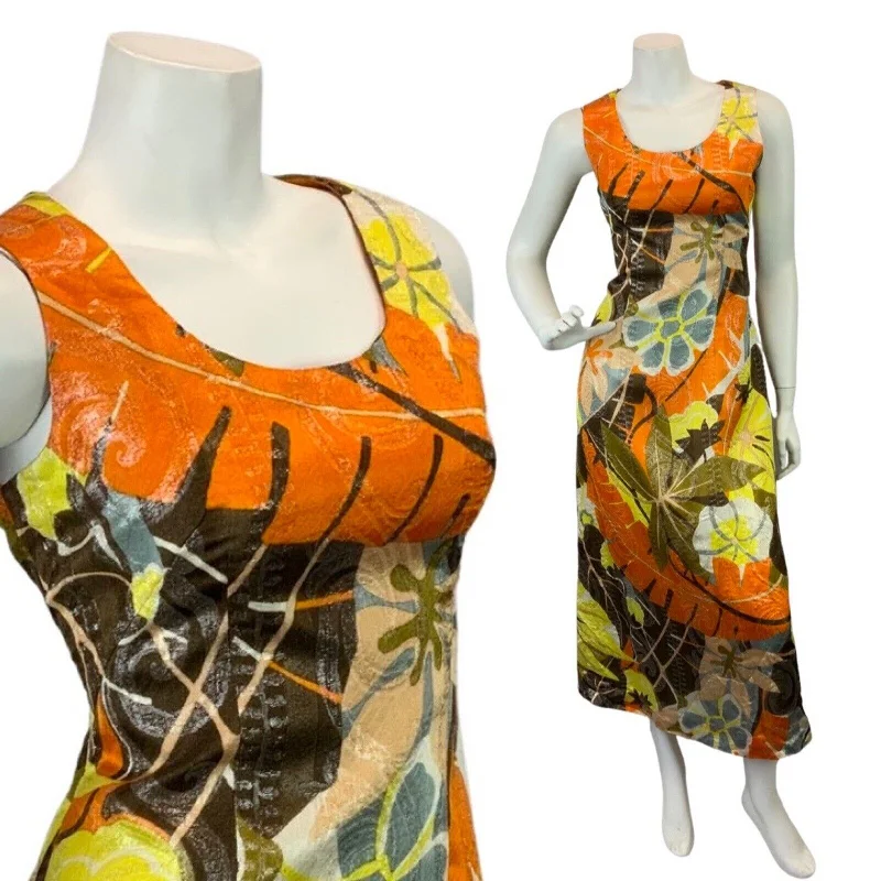 Pleated Women Dress with a Timeless and Elegant Texture Pleated Women Dress with a Timeless and Elegant Texture VINTAGE 60s 70s BROWN ORANGE YELLOW PSYCHEDELIC FLORAL LUREX MOD MAXI DRESS 10
