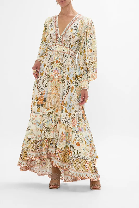 Maxi dresses with beaded embellishments for a fancy and luxurious eventLONG BUTTON FRONT DRESS IN HONOUR OF HEIRLOOMS