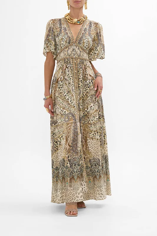 Maxi dresses with polka dot prints for a playful styleSHAPED WAISTBAND DRESS WITH FLUTTER SLEEVES THE THRONE ROOM Maxi dresses with polka dot prints for a playful styleSHAPED WAISTBAND DRESS WITH FLUTTER SLEEVES THE THRONE ROOM
