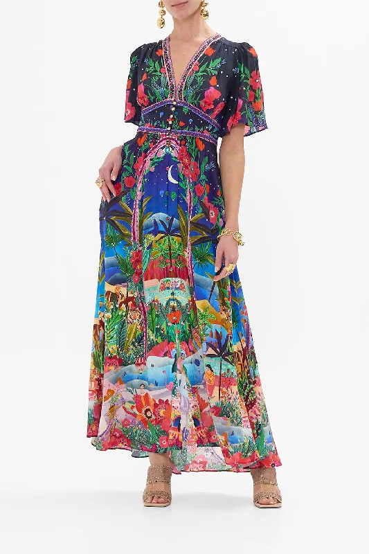 Maxi dresses with embroidered floral motifs for a unique designSHAPED WAISTBAND DRESS WITH FLUTTER SLEEVES MIDNIGHT MUSES Maxi dresses with embroidered floral motifs for a unique designSHAPED WAISTBAND DRESS WITH FLUTTER SLEEVES MIDNIGHT MUSES